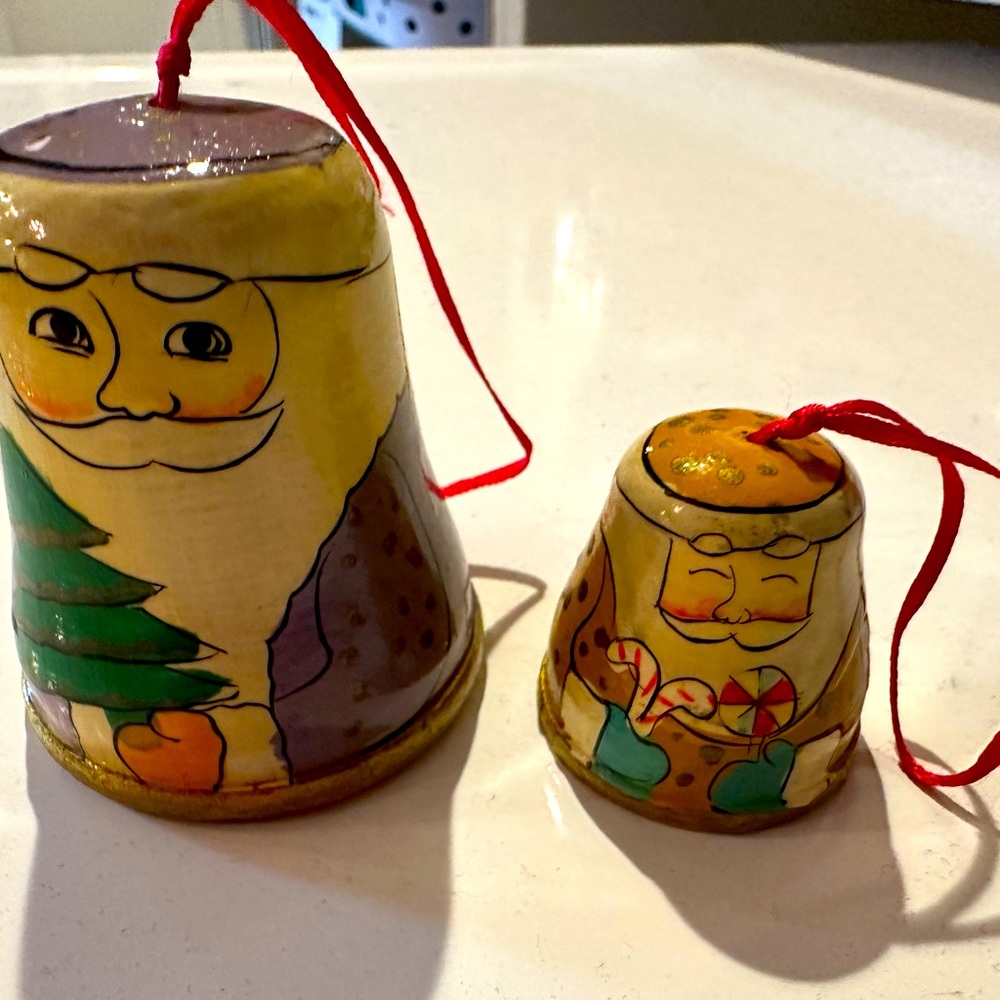 Hand Painted Wood Russian Santa Bell Bells Ornament Set of 2 Pair Artisan